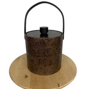 Vintage MCM Irvinware Brown Tooled Embossed Faux Leather Ice Bucket Western